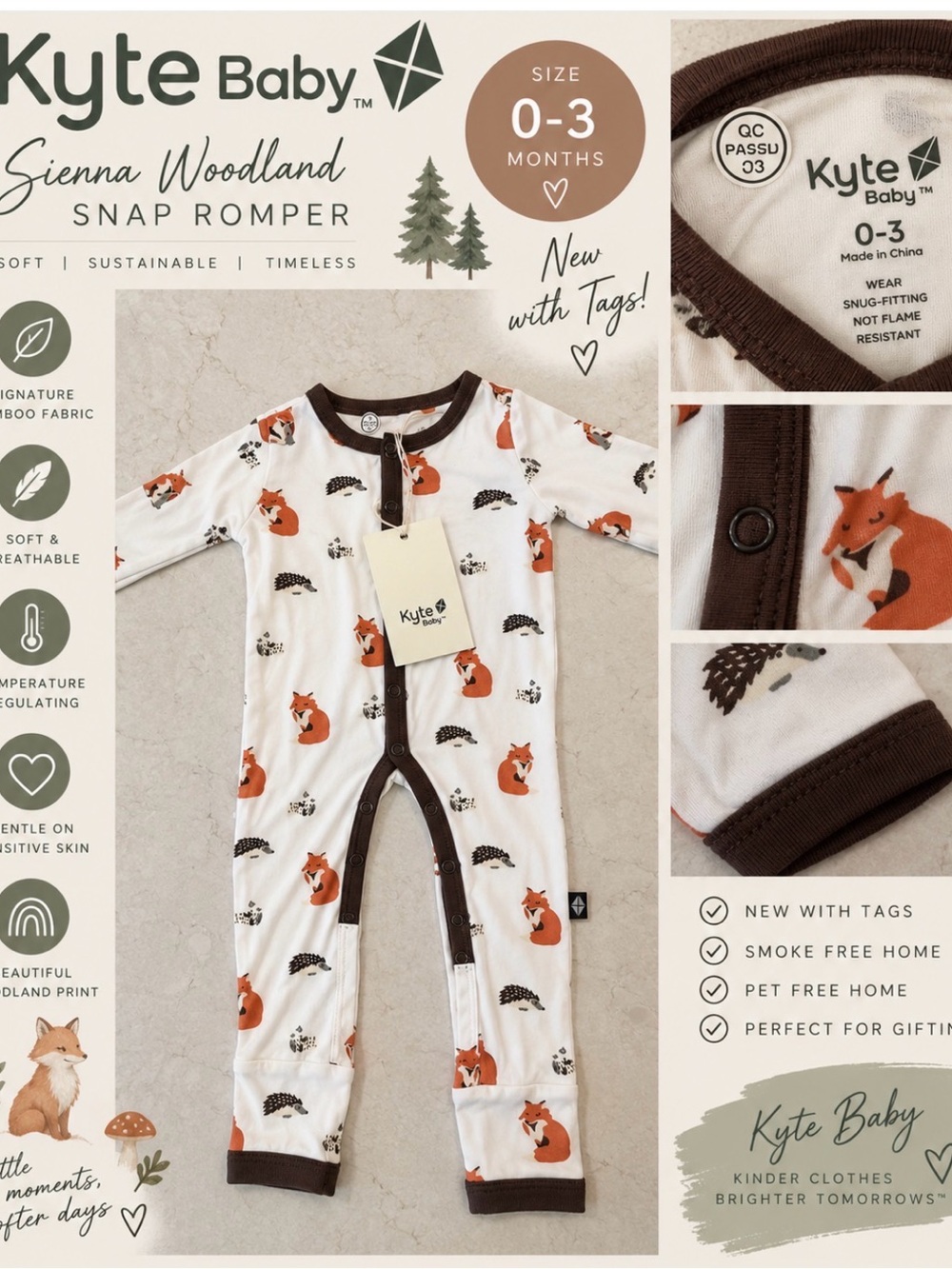 🦊 Kyte Baby Sienna Woodland Snap Romper – 0–3M – NWT